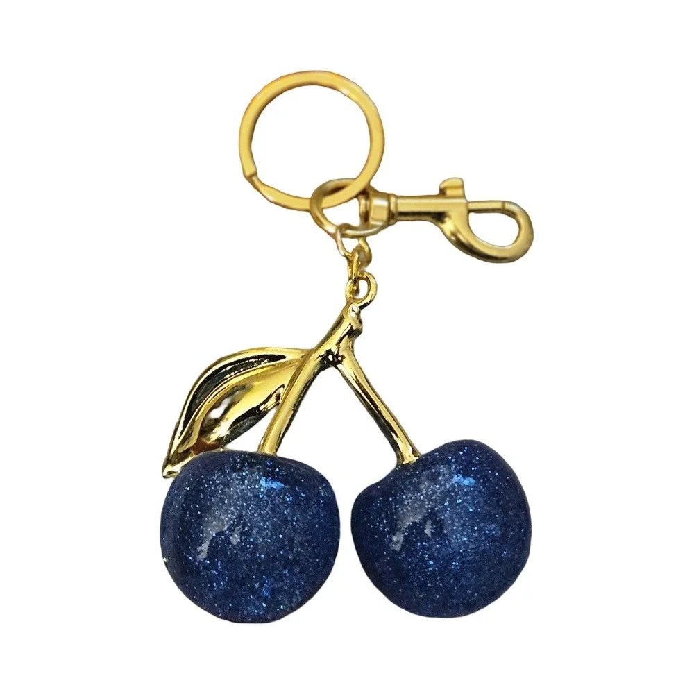 Blue Glitter Cherry Bag Charm Gold Tone Fruit Keychain Accessory